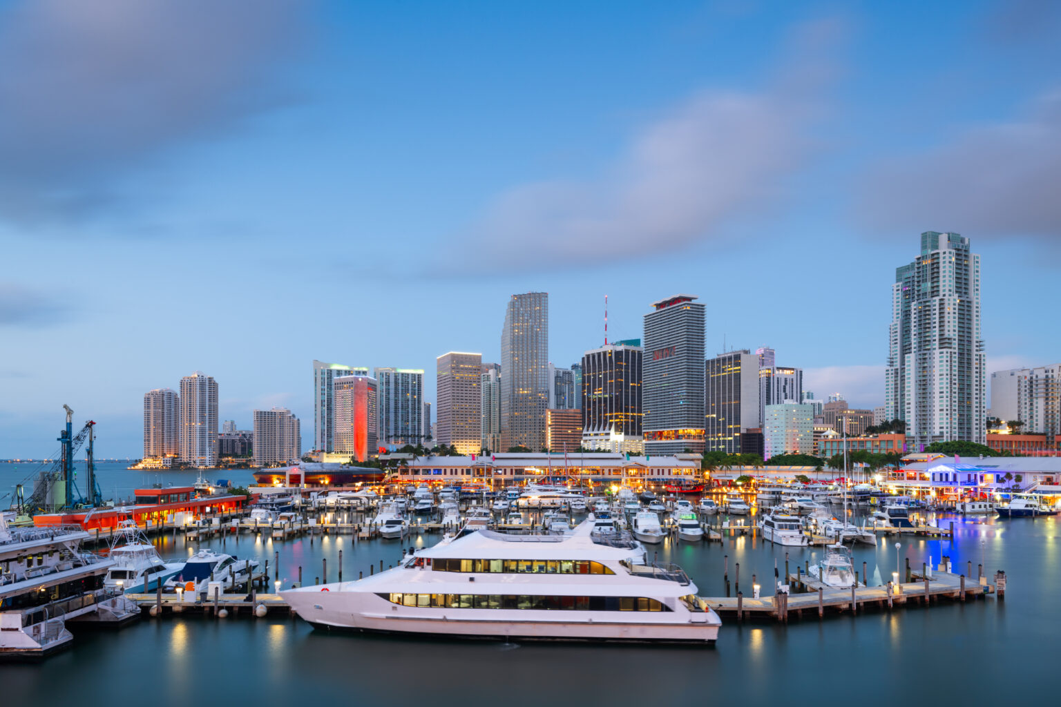 Miami, Florida, USA downtown skyline at dusk.